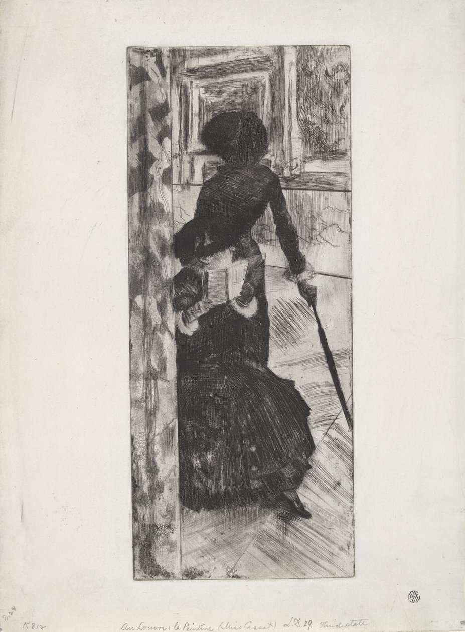 V Louvru: La Peinture (Mary Cassatt), kolem 1879-80 (lept a akvatinta) od Edgar Degas