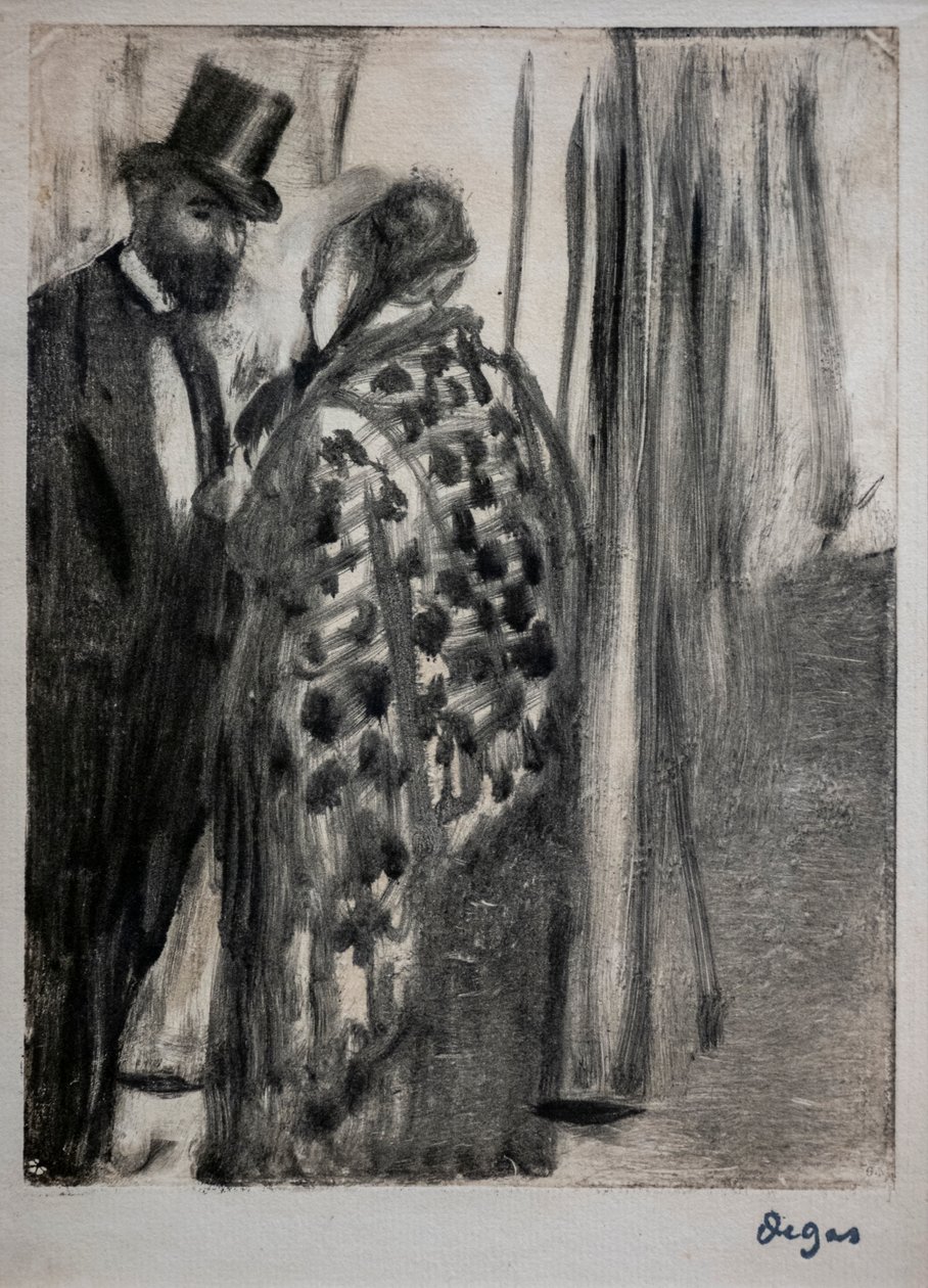 Rozhovor (Ludovic Halevy a paní kardinálová). Kolem 1876-1877. Monotyp má držáky černého inkoustu na sekundárním podpůrném kartonu od umělce. od Edgar Degas