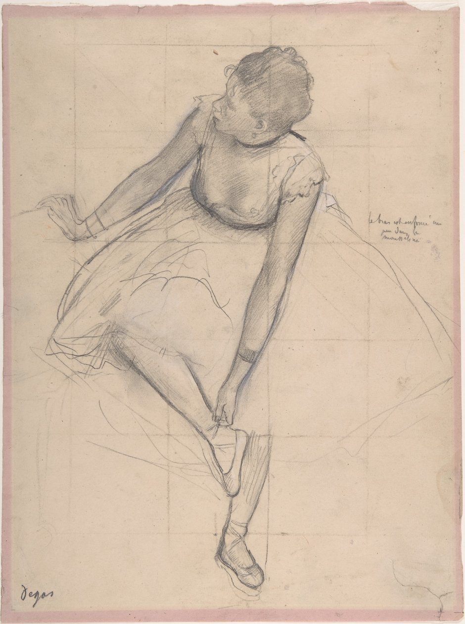 Dancer Adjusting Her Slipper, 1873 (grafit zvýrazněný černou a bílou křídou na růžovém tkaném papíře) od Edgar Degas