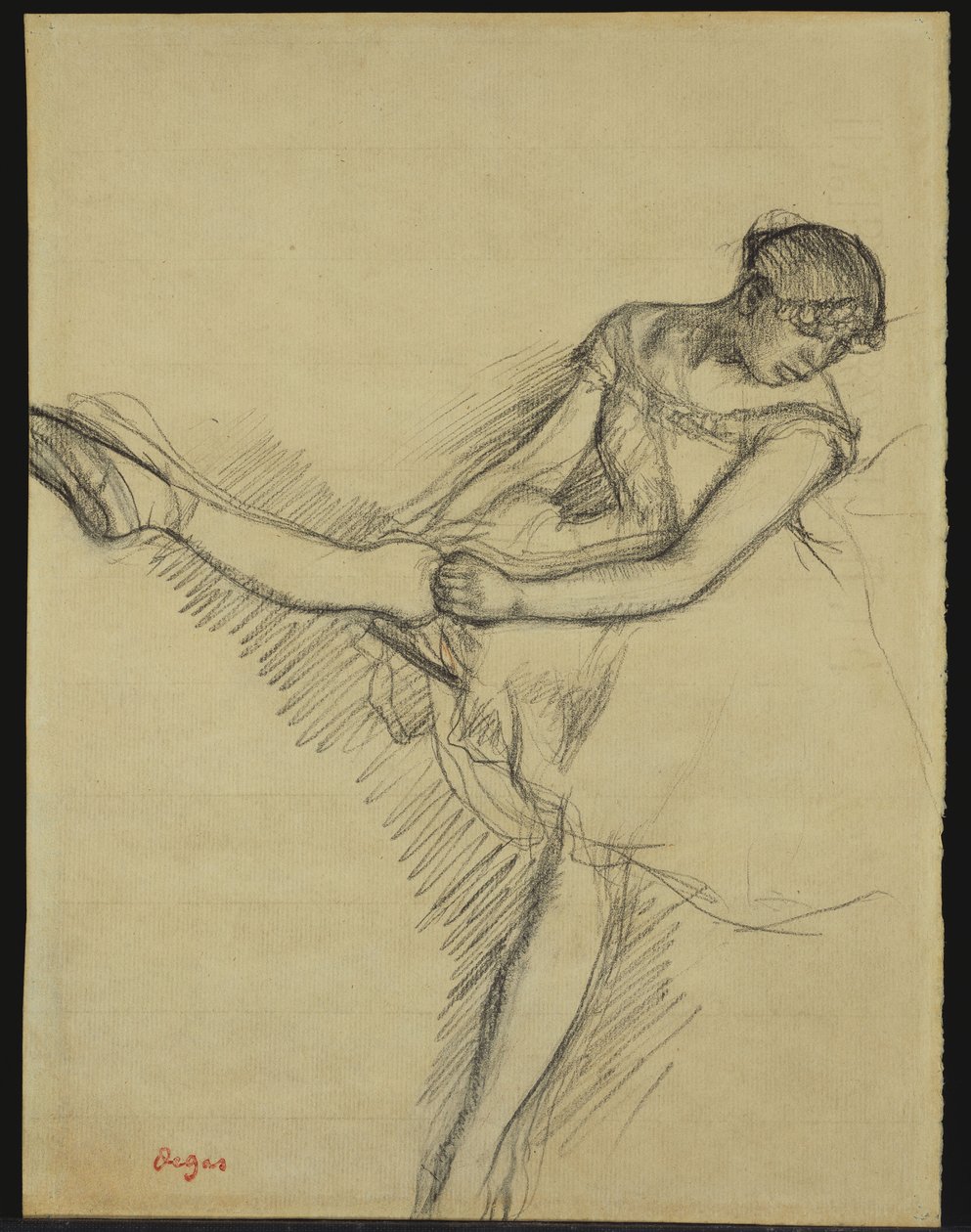 Sedící tanečnice, úprava punčochy, kolem roku 1880 od Edgar Degas