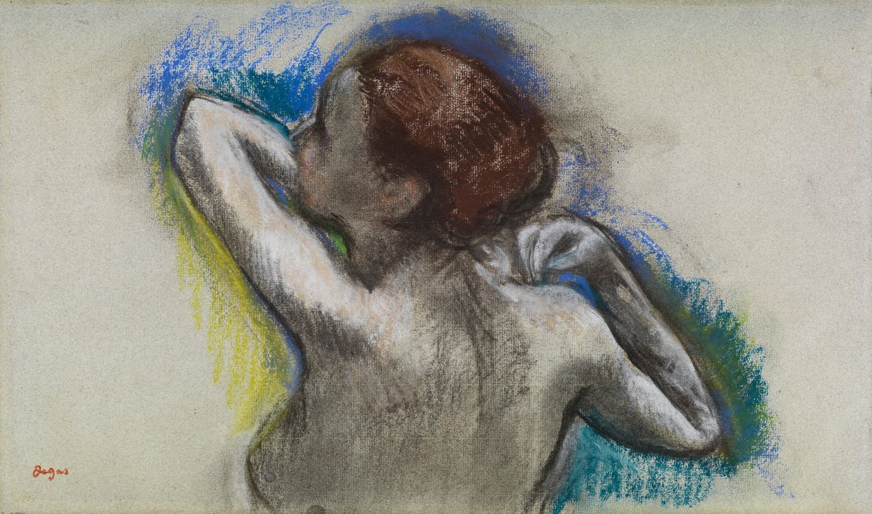 Tanečnice si upravuje ramenní popruh, cca 1895-1900 (uhl a pastel na papíře) od Edgar Degas
