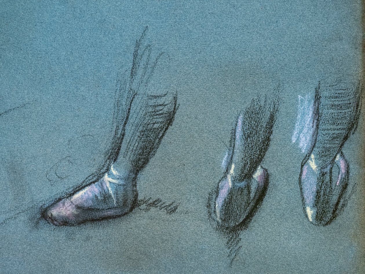 Tanečník ze studií zad a tří nohou (detail). Kolem 1878. Uhel a pastel na papíře od Edgar Degas