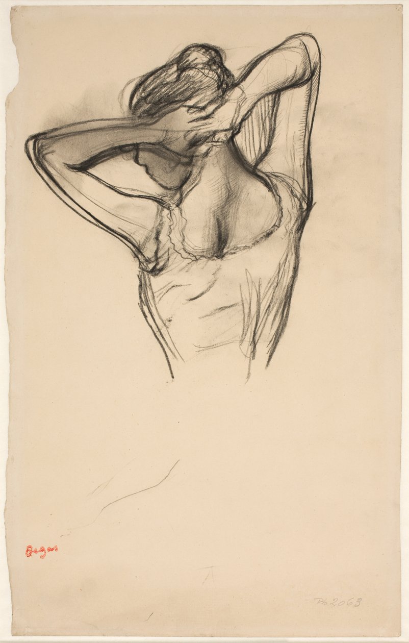 Tanečnice, půl těla, ruce zkřížené za hlavou, asi 1890 (tužka na papíře) od Edgar Degas