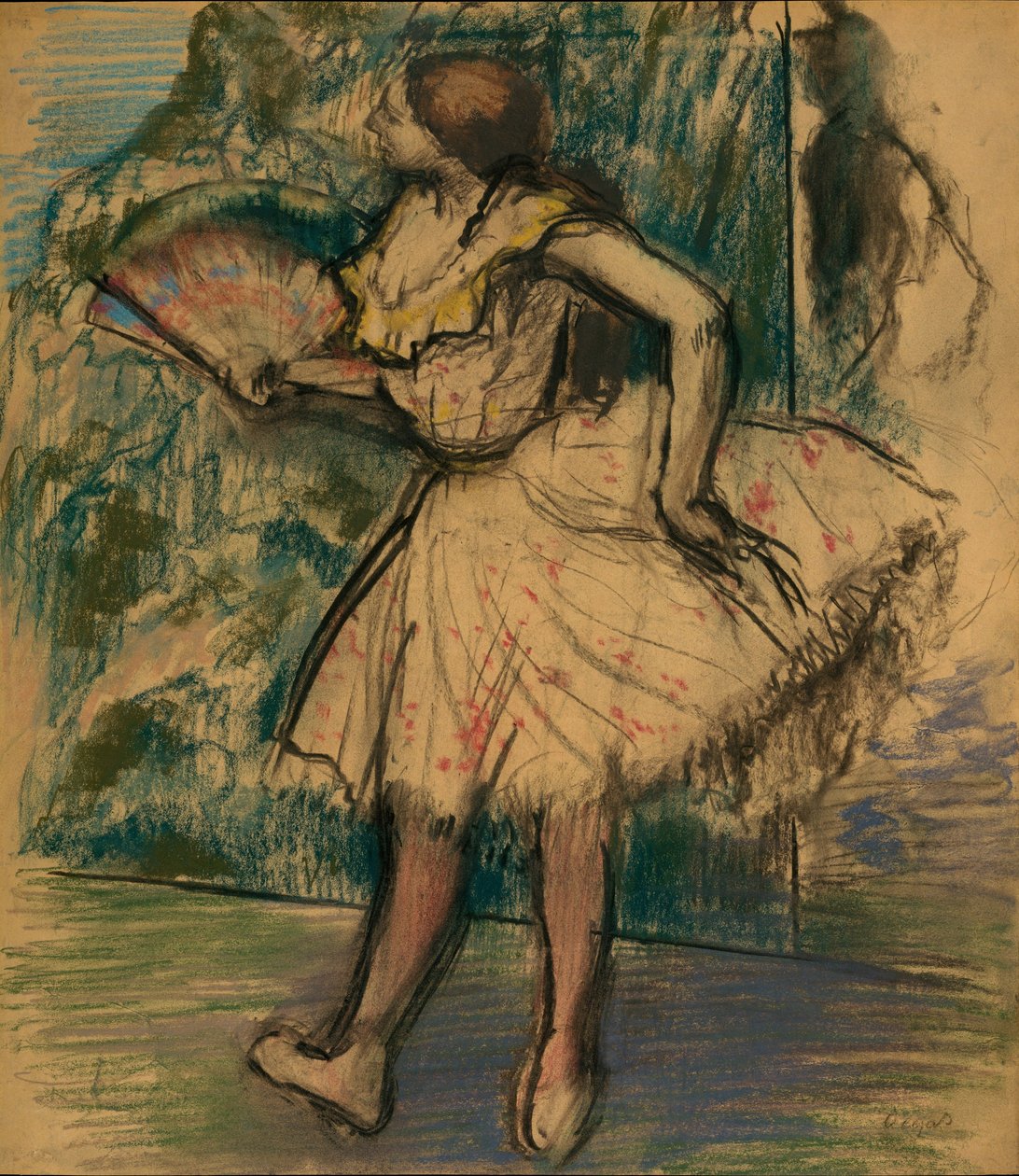 Tanečnice s vějířem, cca 1890-95 (pastel a dřevěné uhlí na barvicím tkaném pauzovacím papíře) od Edgar Degas