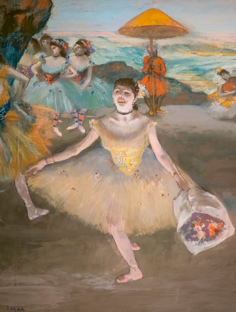 Tanečnice s pozdravnou kyticí (detail). 1878. Pastel na pergamenu marufle na plátně. od Edgar Degas