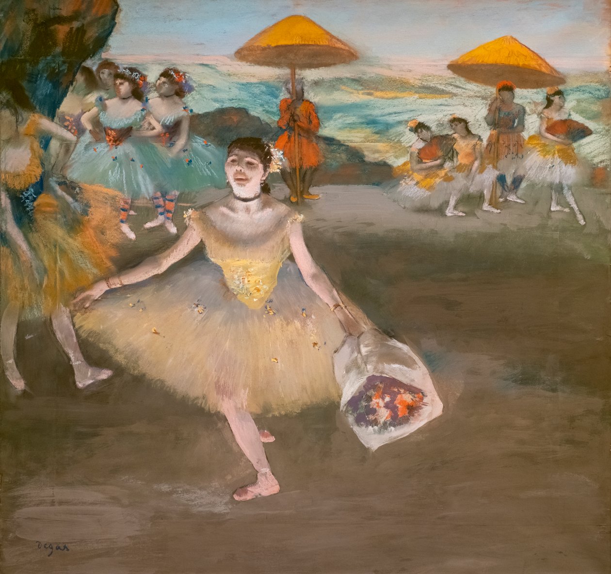 Tanečnice s pozdravnou kyticí. 1878. Pastel na velínovém papíře marufle na plátně. od Edgar Degas