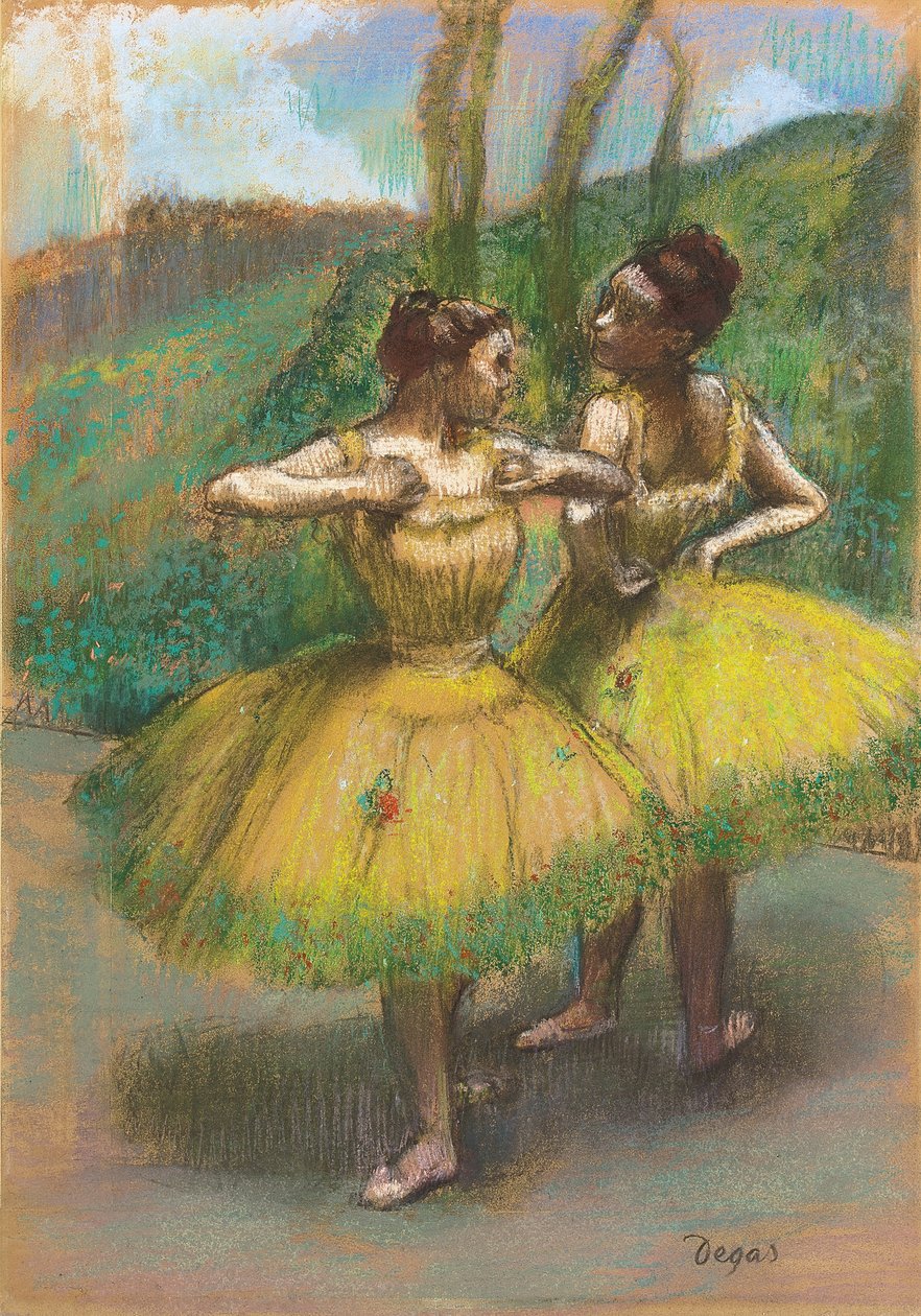 Tanečníci se žlutými šaty; Danseuses jupes jaunes, kolem roku 1896 (pastel a dřevěné uhlí na spojeném papíru) od Edgar Degas
