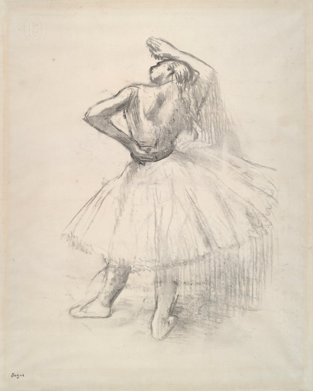 Tanečnice stojí, pravá paže zvednutá? (Stojící tanečník, pravá paže zvednutá) od Edgar Degas