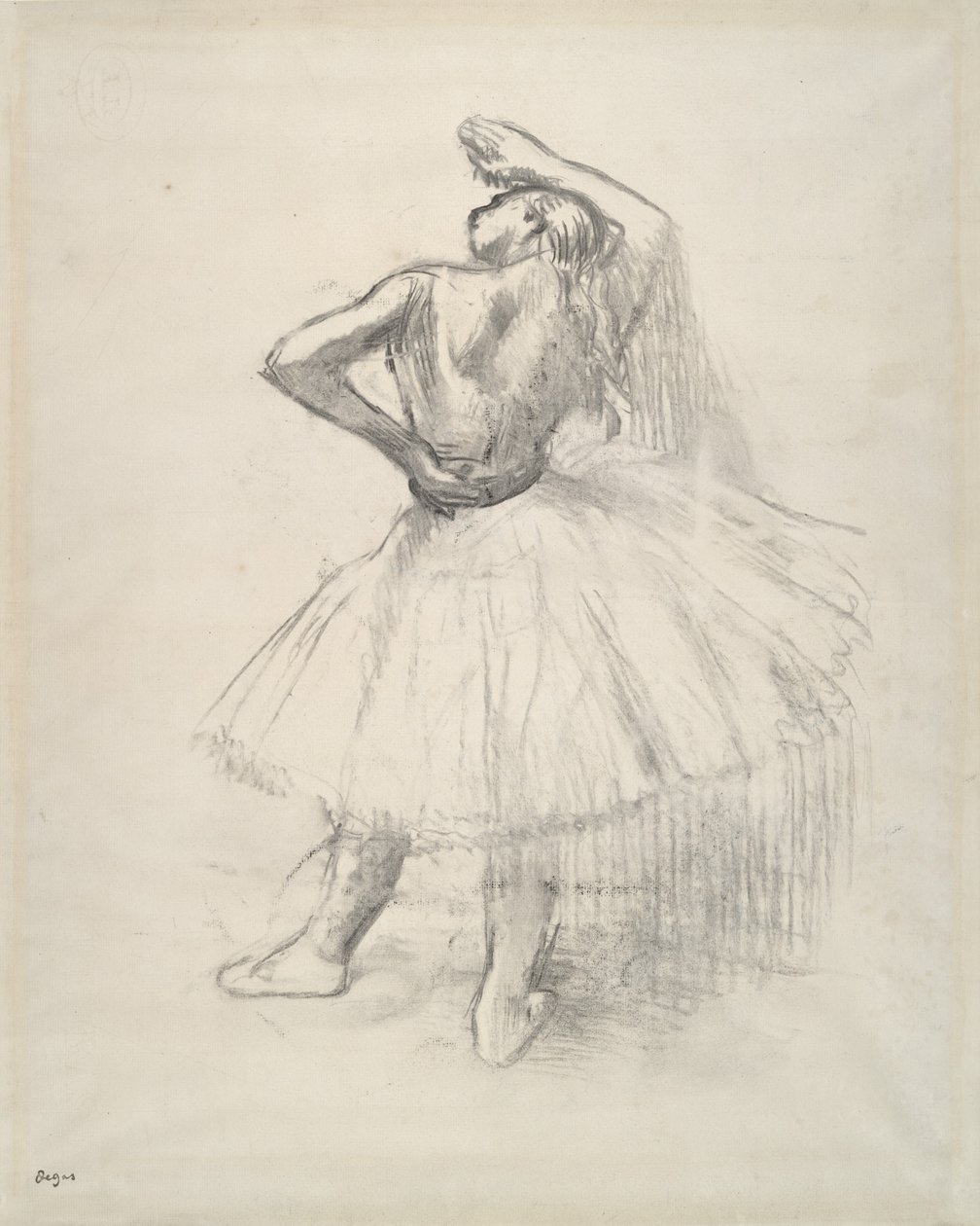 Tanečnice ve stoje, pravá paže vztyčená, kolem roku 1891 (protinákres kresby na papíře) od Edgar Degas
