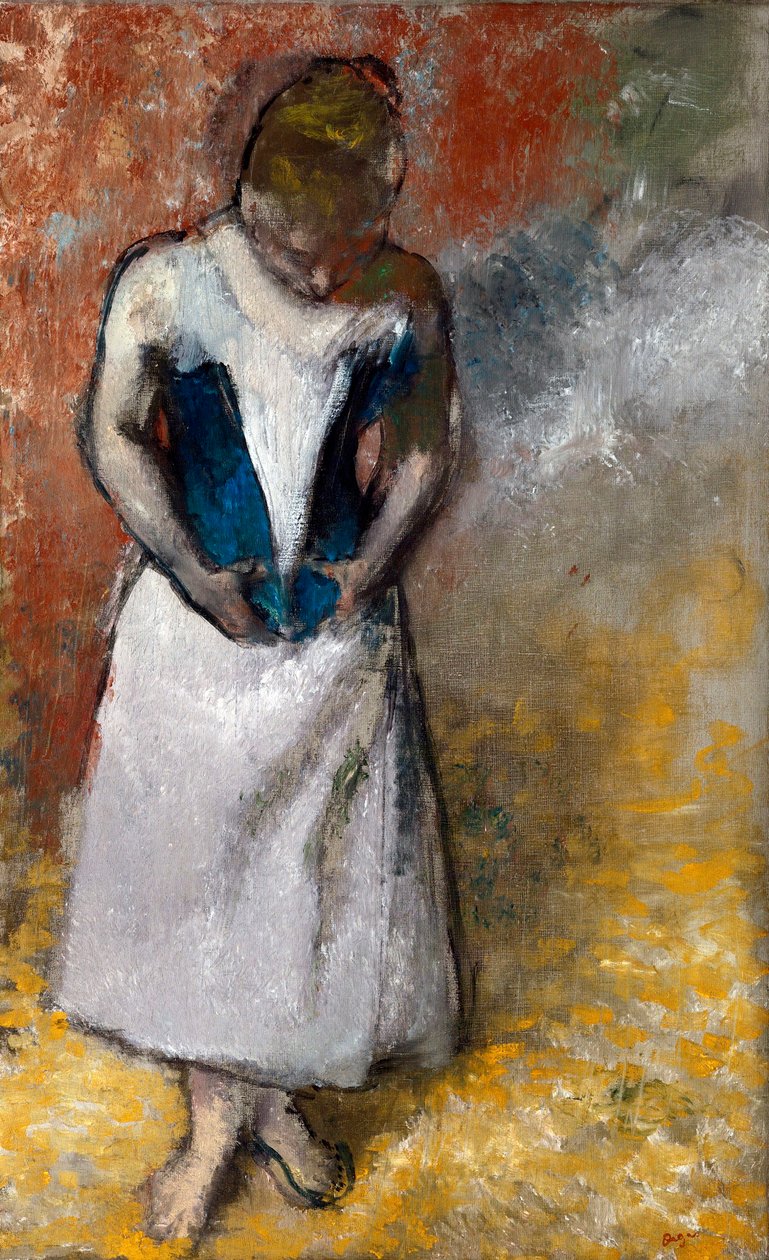 ""Femme de face, fermant syn korzet"" (Žena stojící zepředu, svírající si korzet) Peinture d