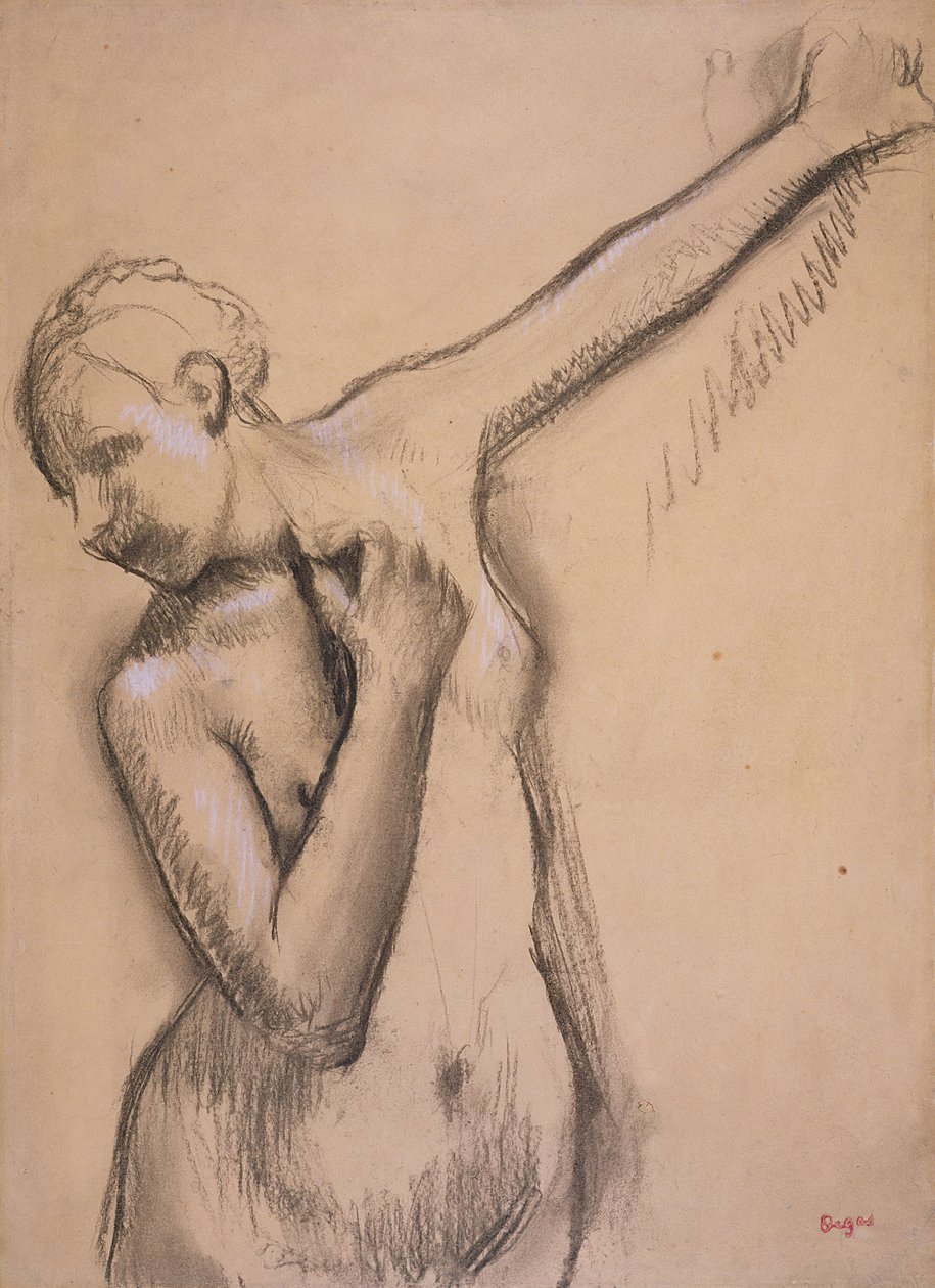Nahá dívka v poloviční délce, cca 1895 (uhlově zvýšené bílé na pauzovacím papíře) od Edgar Degas