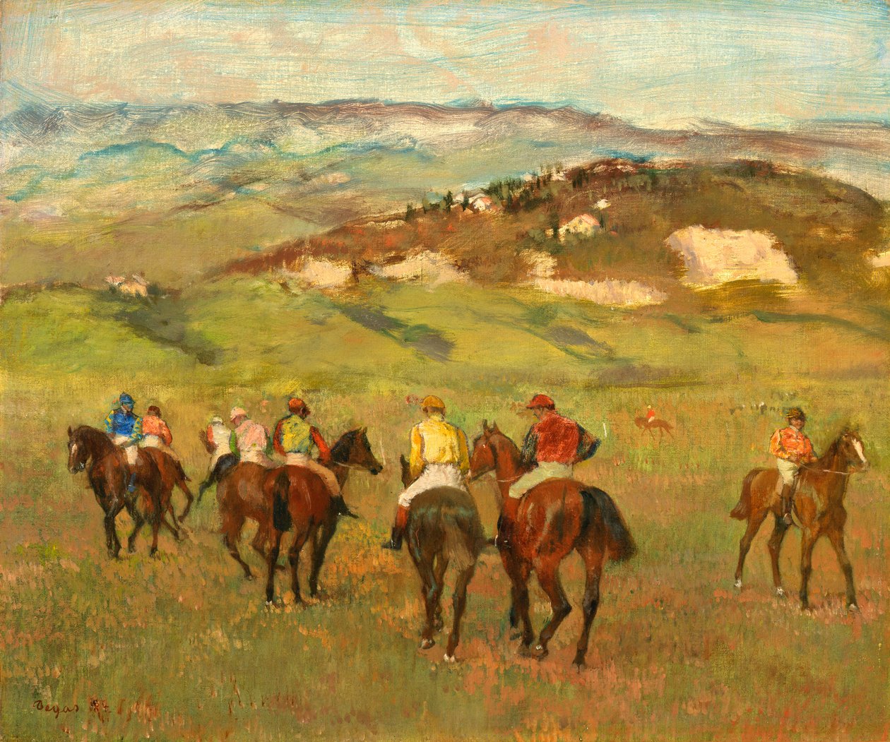 Žokejové na koni před Distant Hills, 1884 od Edgar Degas