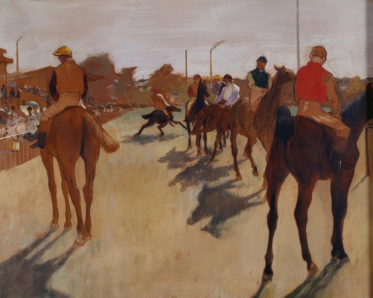 Průvod, známý také jako závodní koně před tribunami od Edgar Degas