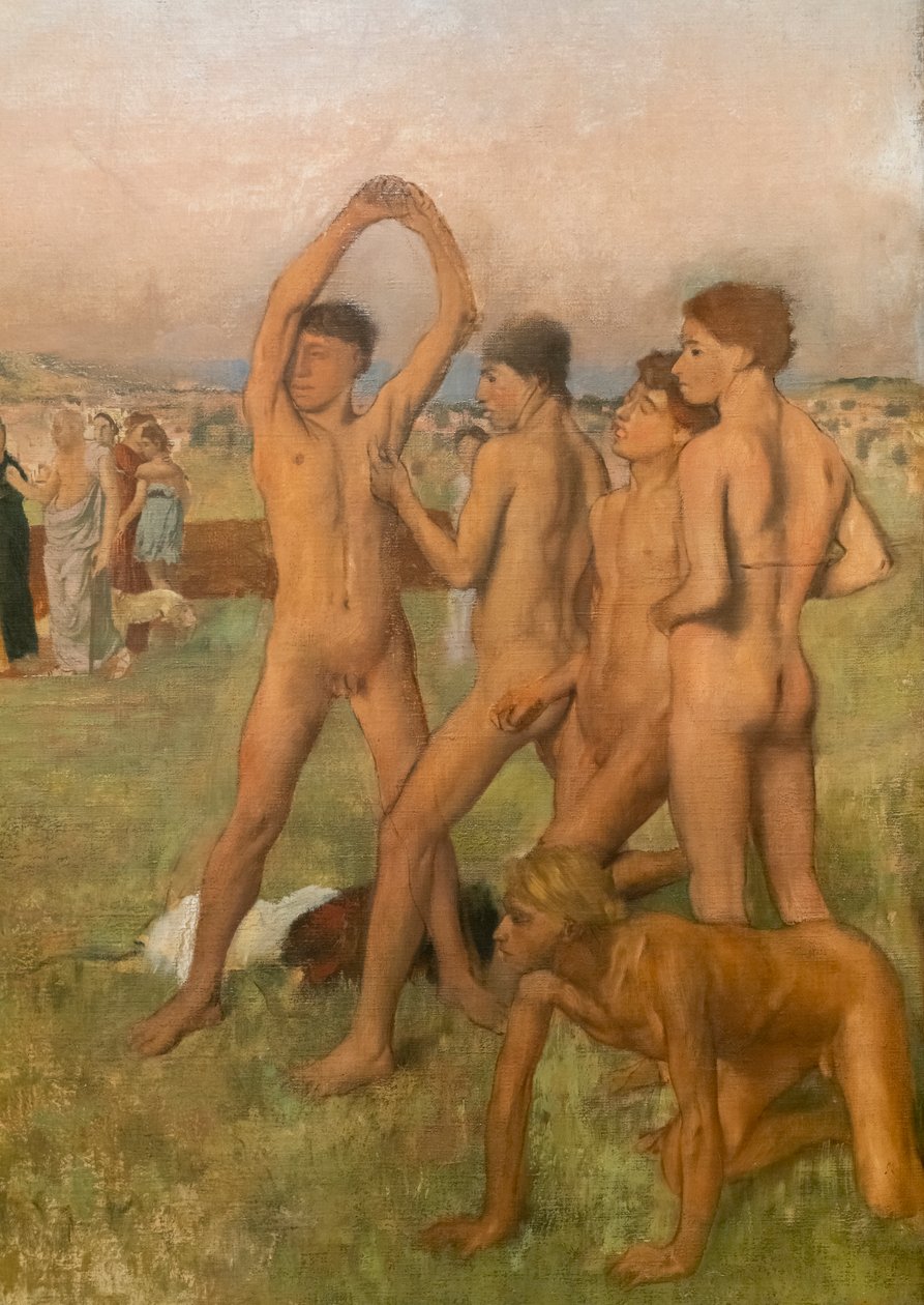 Malé sparťanské dívky provokující chlapce (detail). Kolem 1860-1862, obnoveno před rokem 1880. Olej na plátně od Edgar Degas