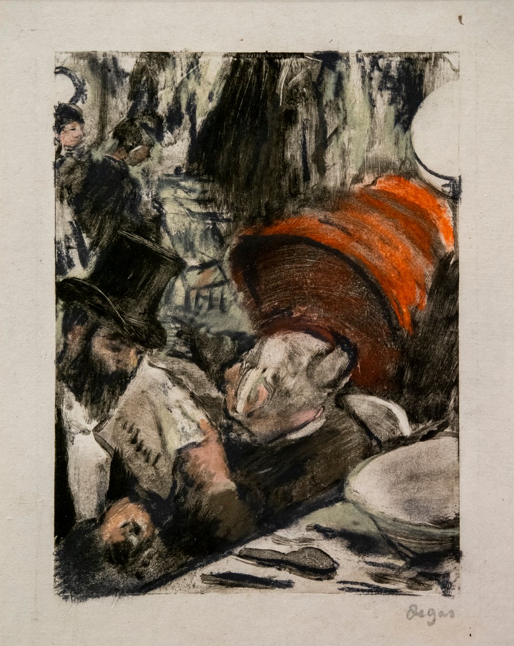 Ludovic Halevy vyslechne v šatně příběh Madame Cardinal. Kolem 1876-1877. Pastel na monotypu s černým inkoustem, první test. od Edgar Degas