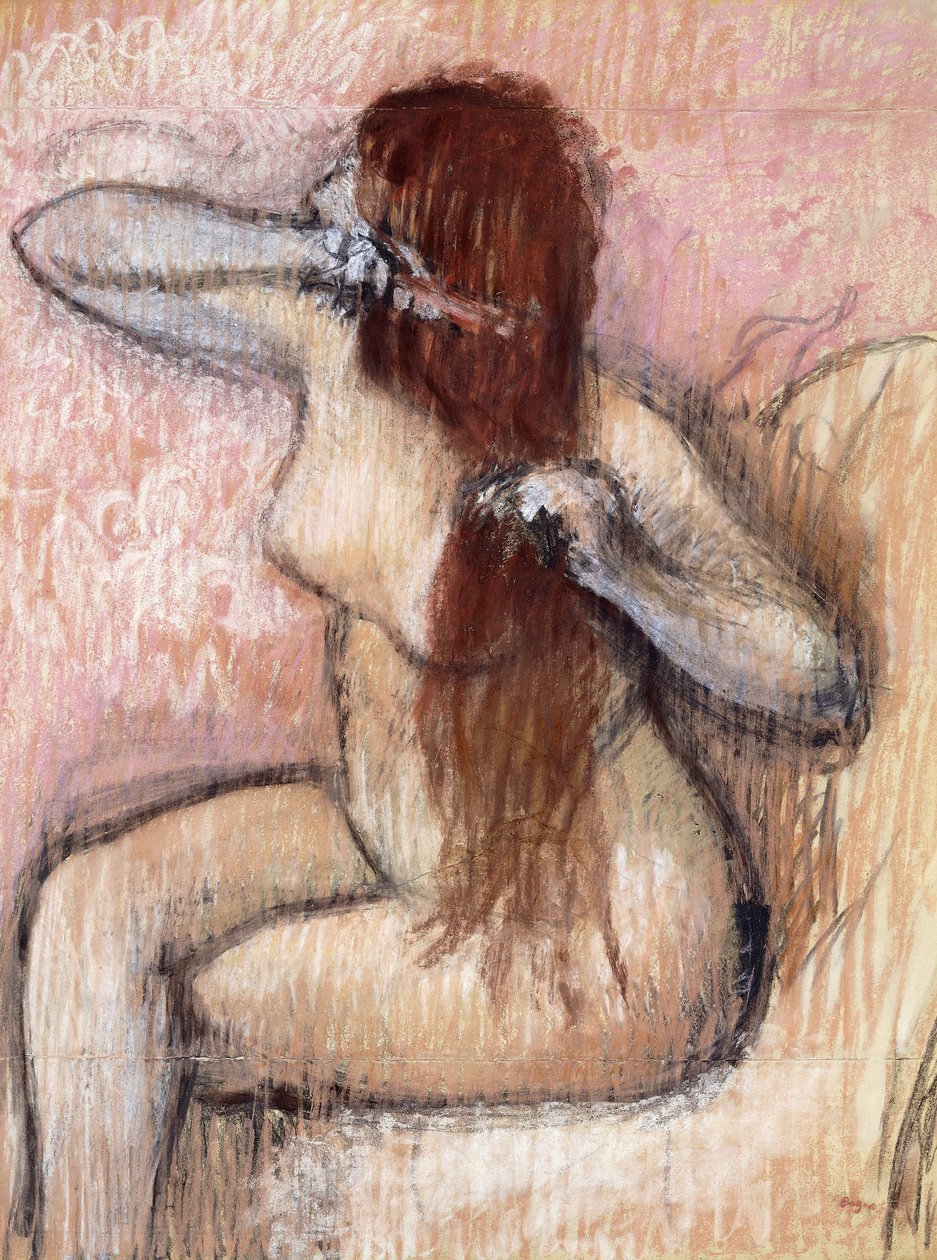 Nahá žena sedící aranžování vlasů; Femme nu assise, se coiffant, kolem 1887-1890 od Edgar Degas