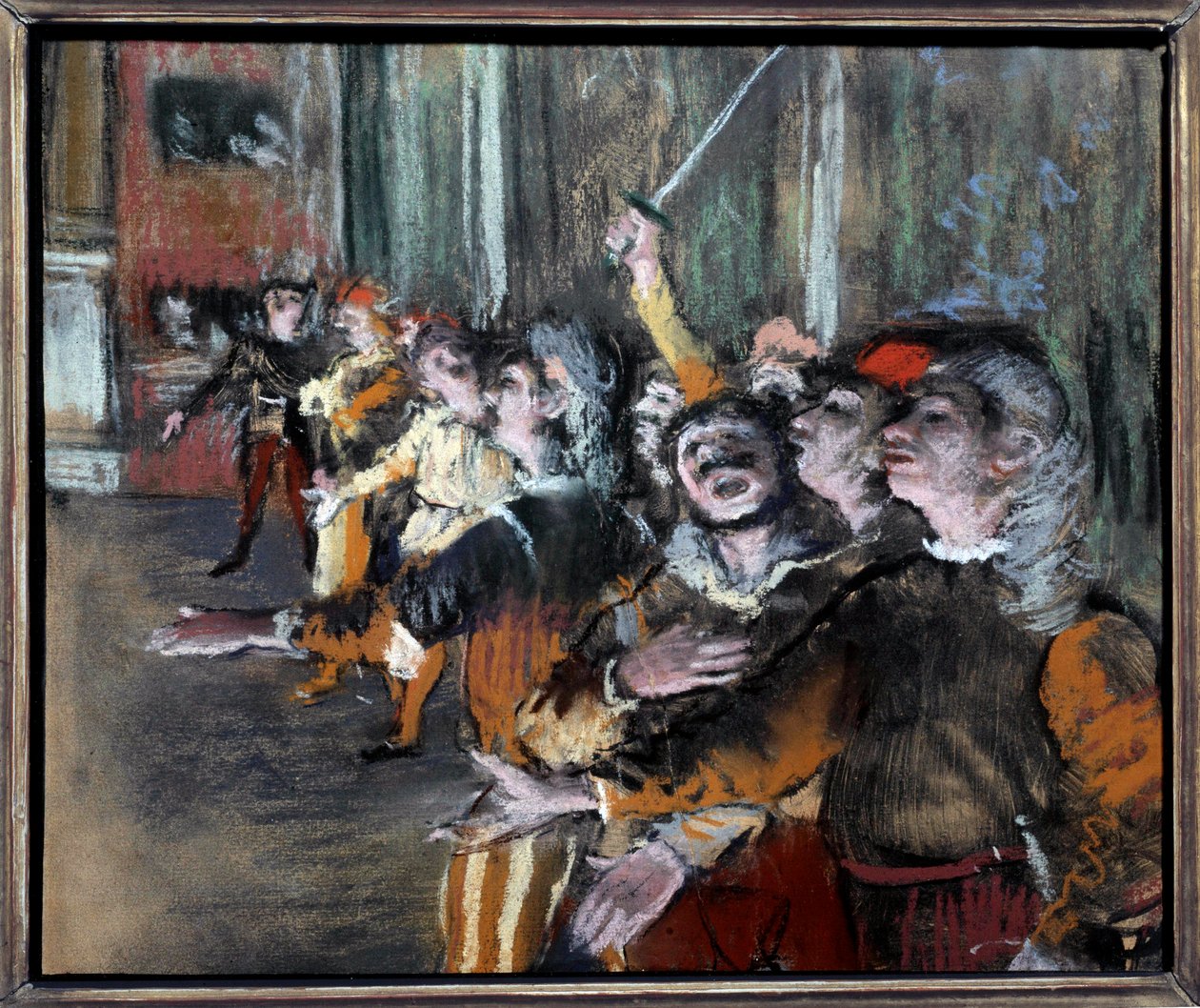 Pastelové komparsy nebo sboristé na monotyp od Edgara Degase (1834-1917) 1877 Sun. 0,27x0,32 m Paříž, musee d