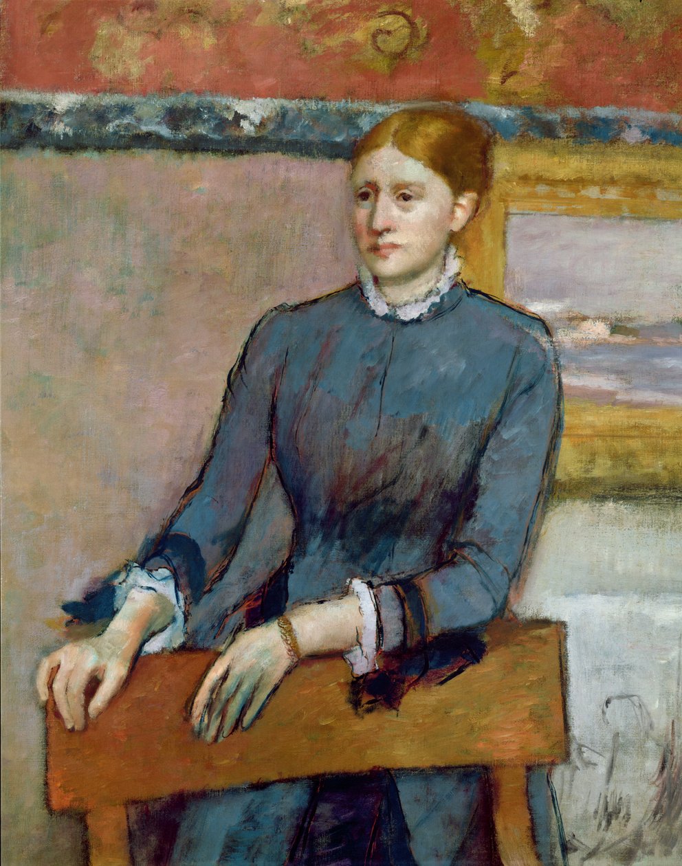 Portrét Helene Rouartové v pracovně jejích otců, detail Heleny, olej na plátně kolem roku 1886 od Edgar Degas