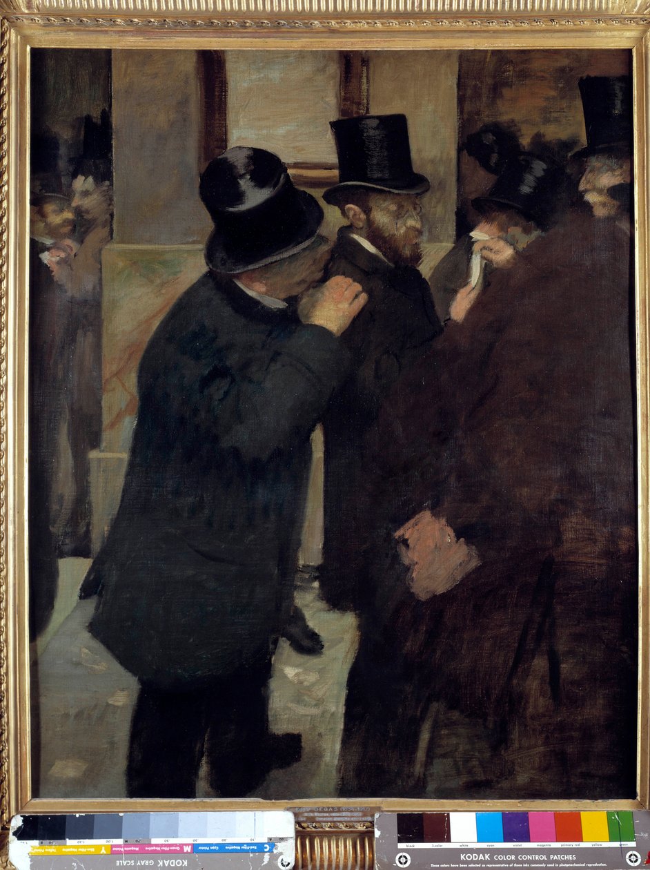 Portréty na burze neboli „“A la Bourse“: reprezentace Ernesta Maye (1845-1925), finančníka a sběratele. Obraz Edgara Degase (1834-1917). 1878-1879. Rozměr: 1,00 x 0,82 m. Paříž, Musee d