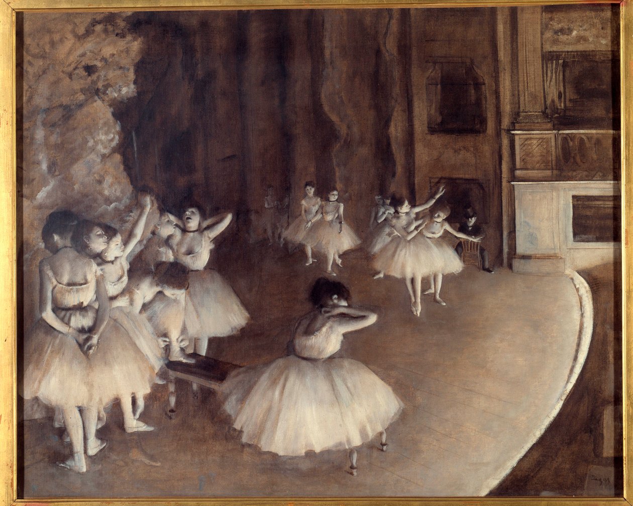 Opakování baletu na jevišti Obraz Edgara Degase (1834-1917). 1874. Rozm. 0,65x0,81 m. Paříž, Musee d