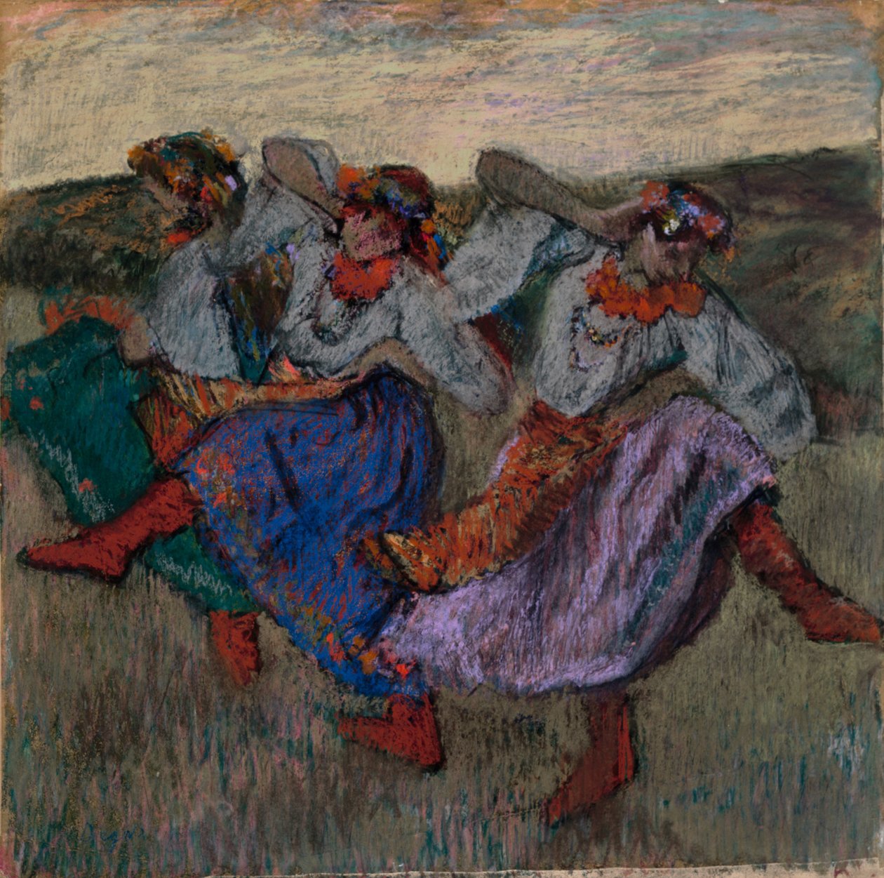 Ruští tanečníci, kolem roku 1899 (pastel na pauzovacím papíru připevněný na kartonu) od Edgar Degas