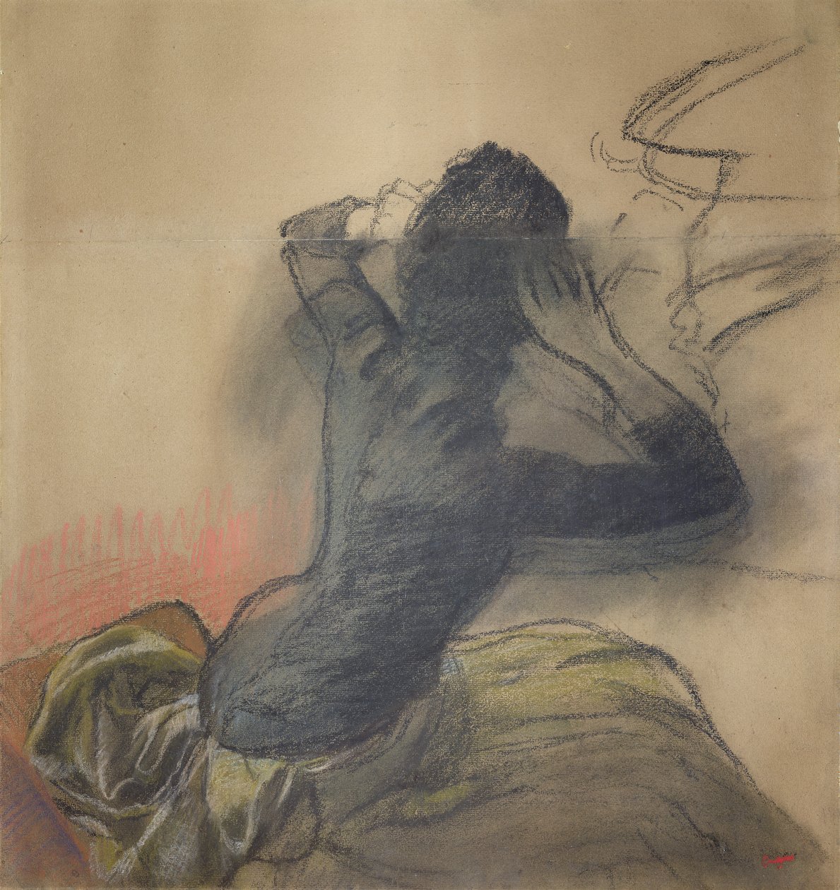 Sedící žena, která si upravuje vlasy, kolem roku 1884 (křída a pastel na papíře) od Edgar Degas
