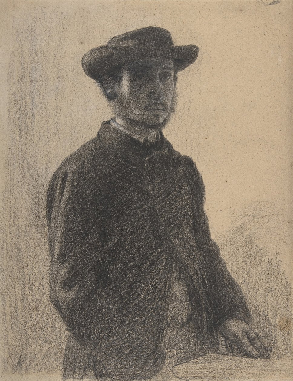Autoportrét, cca 1857 (černá křída a grafit s bílou na béžovém tkaném papíře) od Edgar Degas