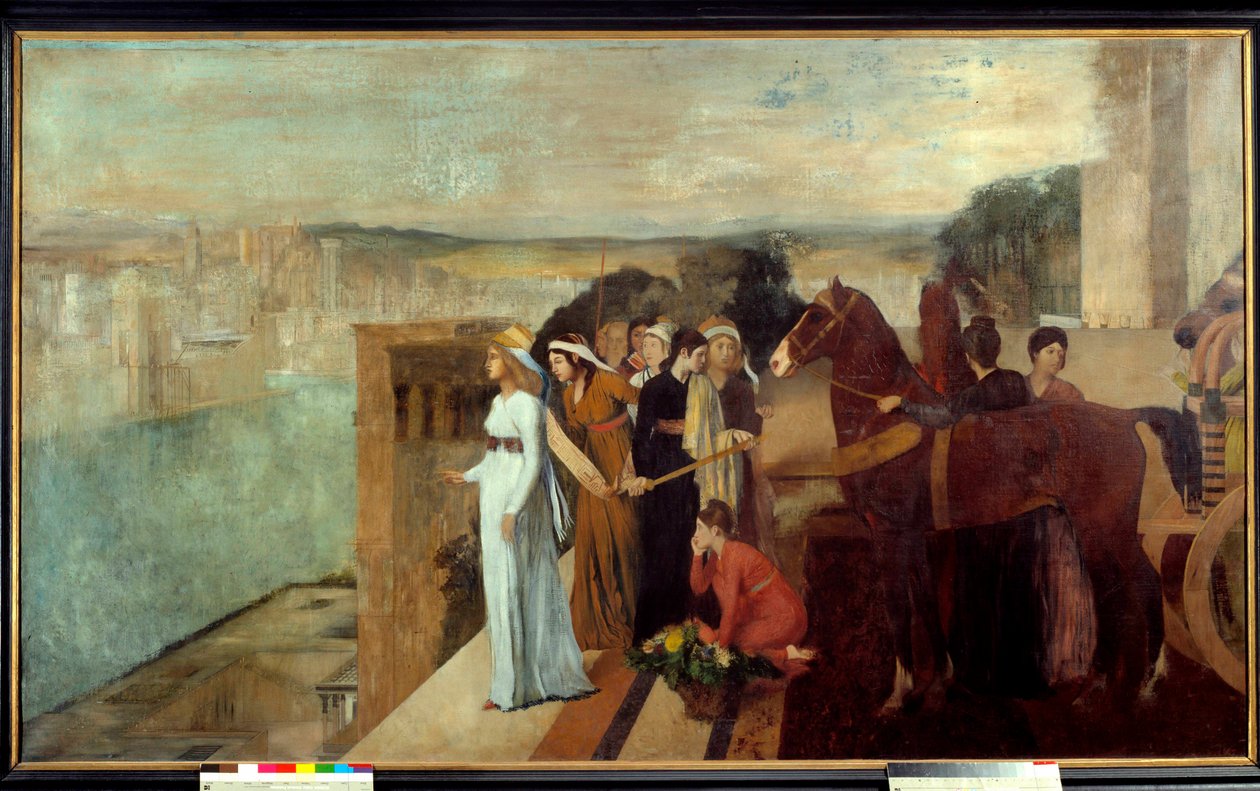 Semiramis budova Babylon Semiramis (Semiramide), legendární královna Asýrie a Babylonie, uvažuje na břehu Eufratu o městě, které se stane jedním ze sedmi divů světa. Obraz Edgara Degase (1834-1917) 1861 Sun. 1,51 x 2,58 od Edgar Degas