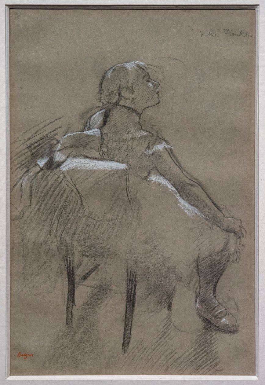 Sedící tanečnice (Nelly Frankly). Kolem r. 1880. Dřevěné uhlí vyzdvižené bílou křídou na papíře. Speciální kolekce. od Edgar Degas