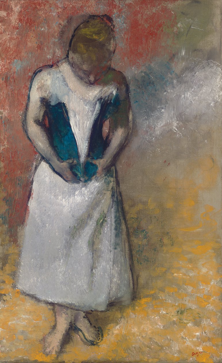 Stojící žena při pohledu zepředu, sevřená její korzet; Femme debout et vue de face, agrafant syn korzet od Edgar Degas