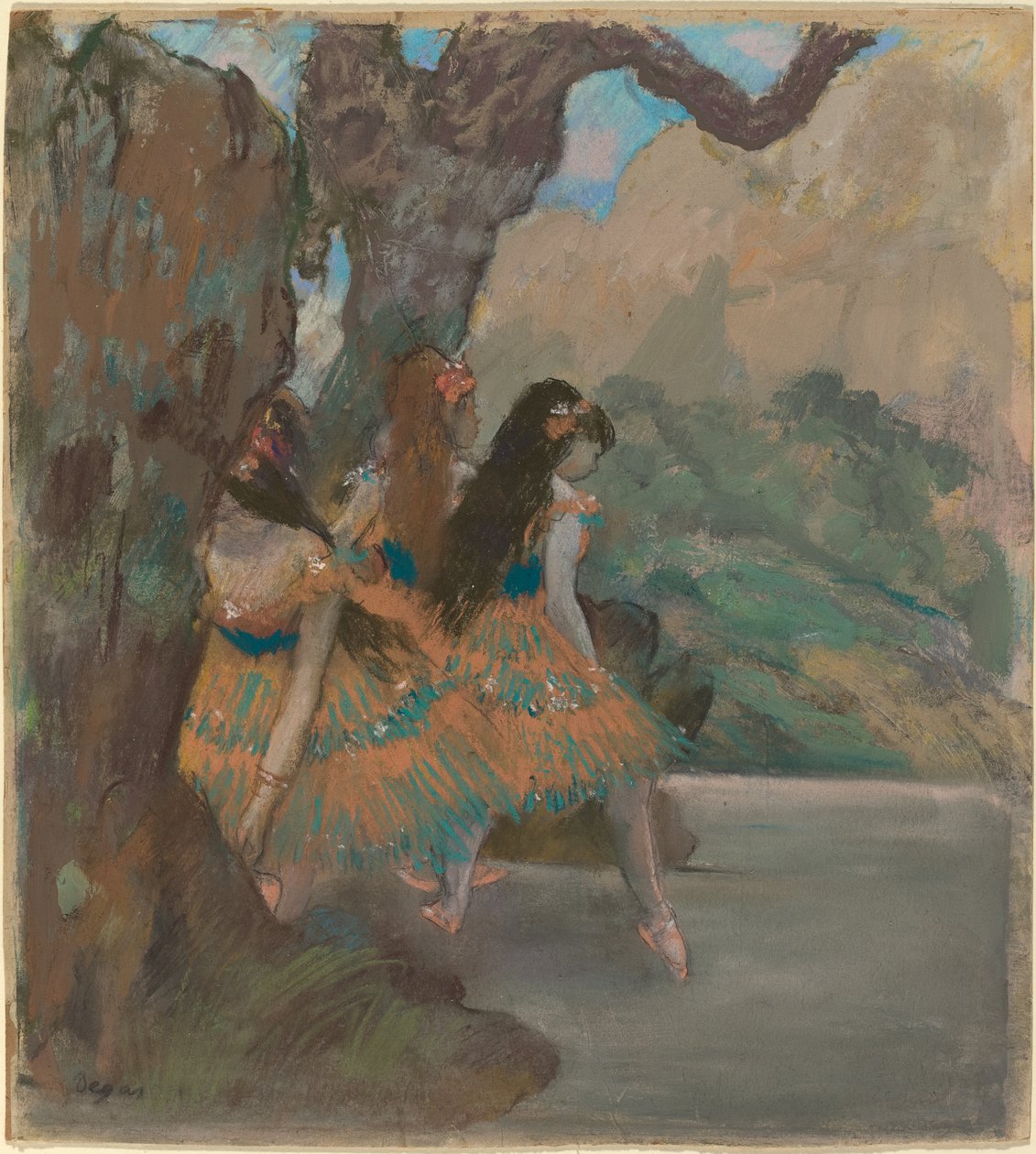 The Ballet Dancers, kolem roku 1877 (pastel a kvaš přes monotyp) od Edgar Degas