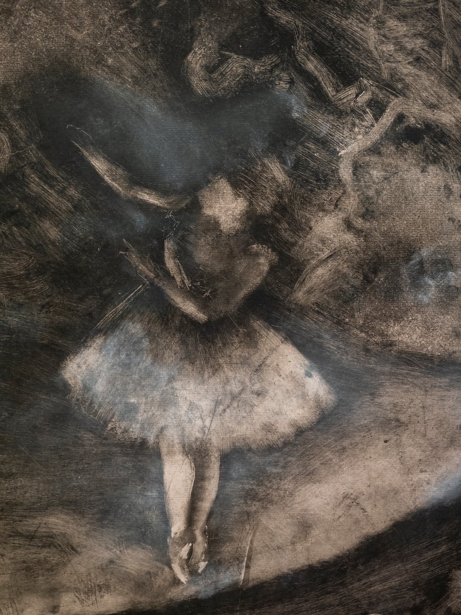 Mistr baletu (detail) (realizováno ve spolupráci s Ludovicem Lepicem). 1876. Monotyp černým inkoustem s bílými křídovými odlesky od Edgar Degas