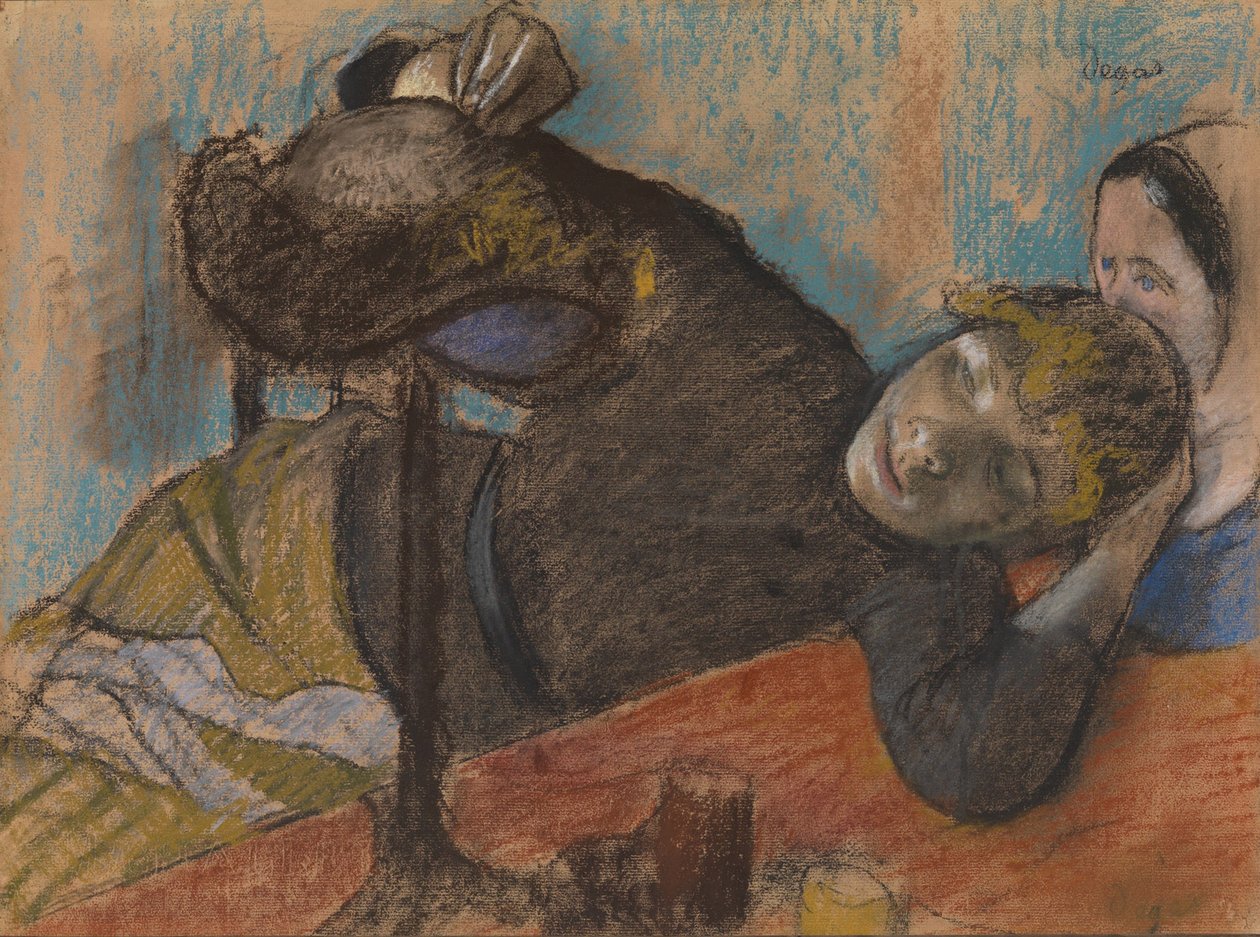 The Milliner, c.1882 (pastel a dřevěné uhlí na teplém šedém tkaném papíře položeném na tmavě hnědém) od Edgar Degas