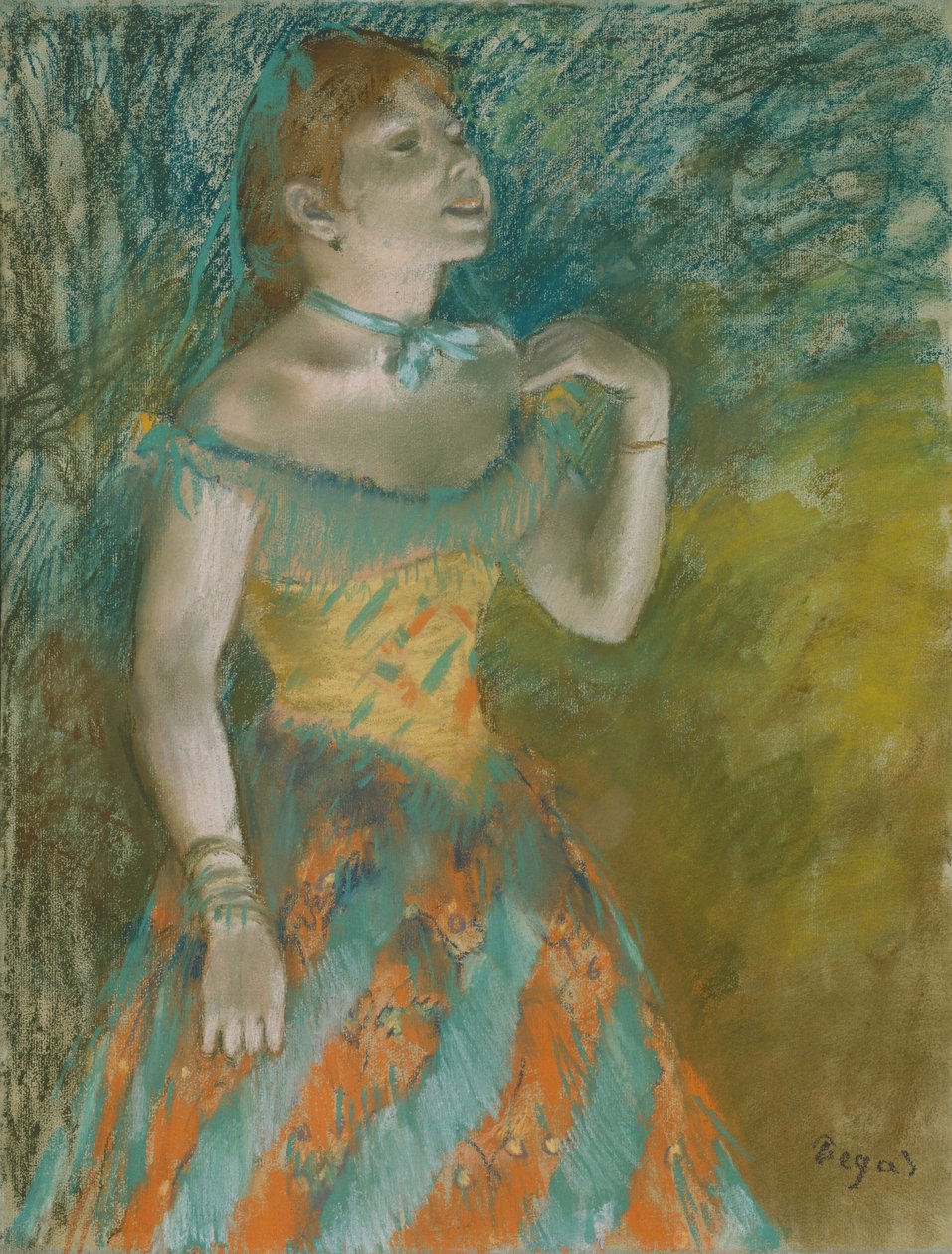 Zpěvák v zeleném, kolem roku 1884 (pastel na světle modrém papíře) od Edgar Degas