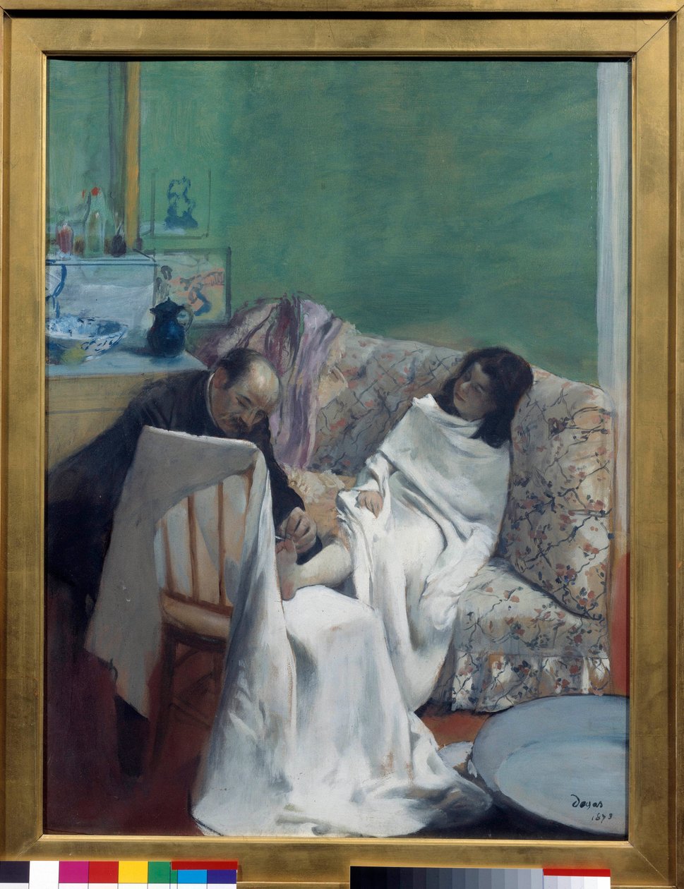 Pedikúra Lékař zkoumá nohy mladé ženy. Obraz Edgara Degase (1834-1917). 1873. Rozměr 0,61 x 0,46 m. Paříž, Musee d