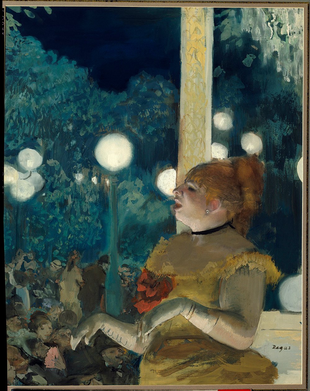 Píseň psa (Emma Valladon zvaná Theresa (1837-1913) na koncertě v kavárně) Malba Edgara Degase (1834-1917), kvaš a pastel, 57,5 cm x 45 cm od Edgar Degas