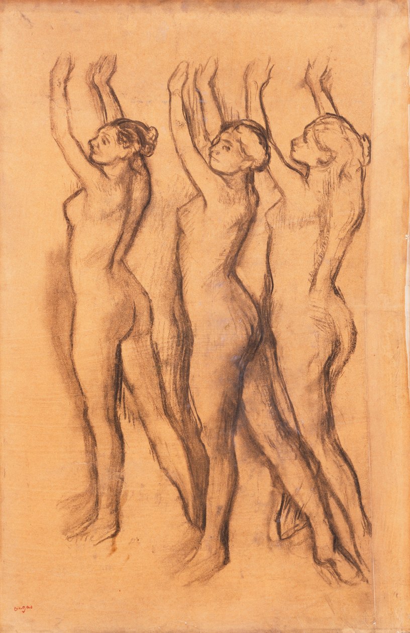 Tři tanečnice v body, se zdviženýma rukama, od Edgar Degas