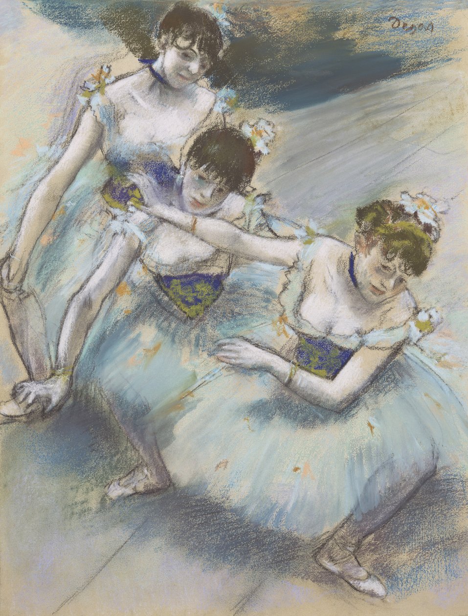 Tři tanečníci v diagonální linii na jevišti, kolem roku 1882 (pastel) od Edgar Degas