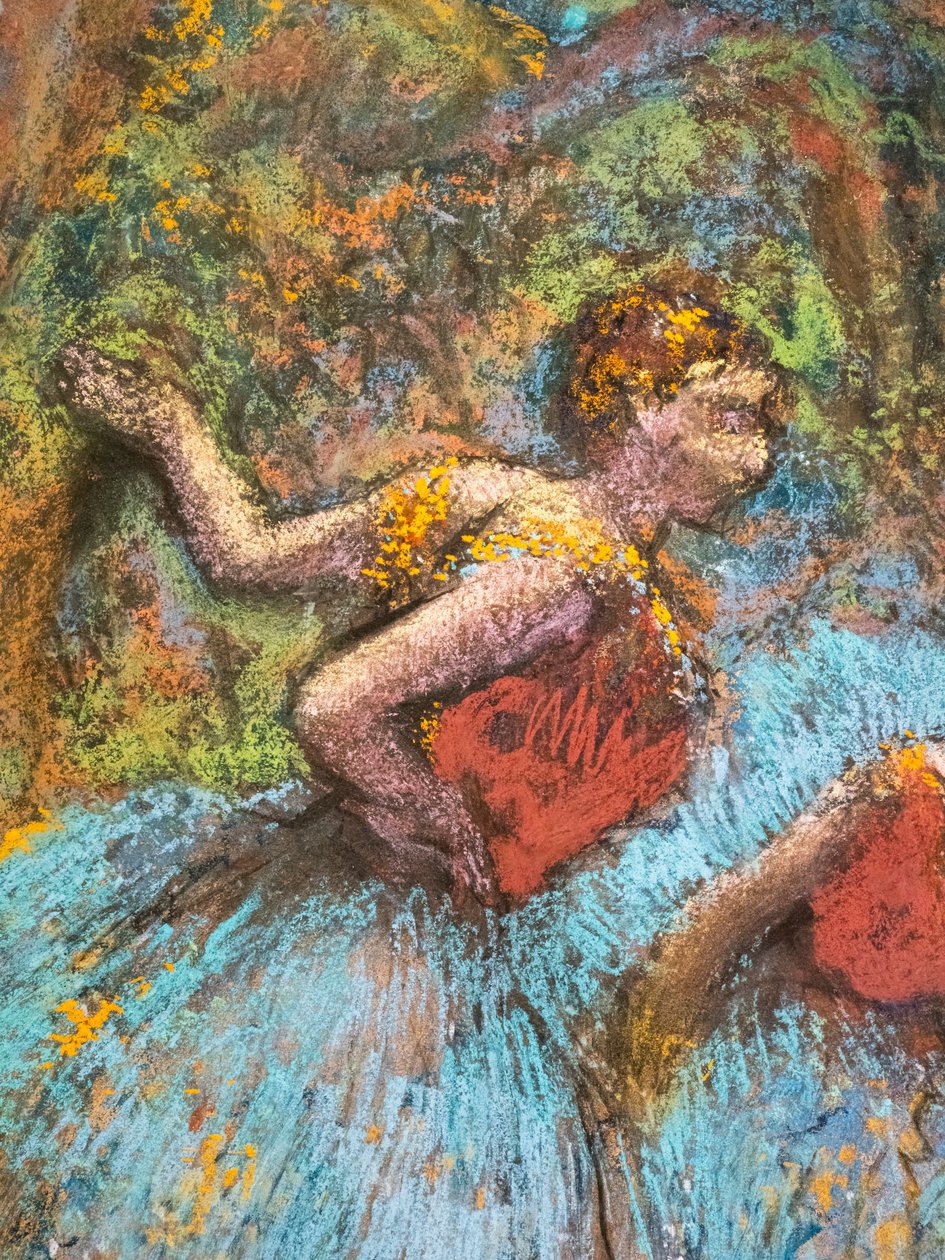 Tři tanečnice (modré sukně, červené živůtky) (detail). Kolem 1903. Pastel na papíře lepidlo na kartonu. od Edgar Degas