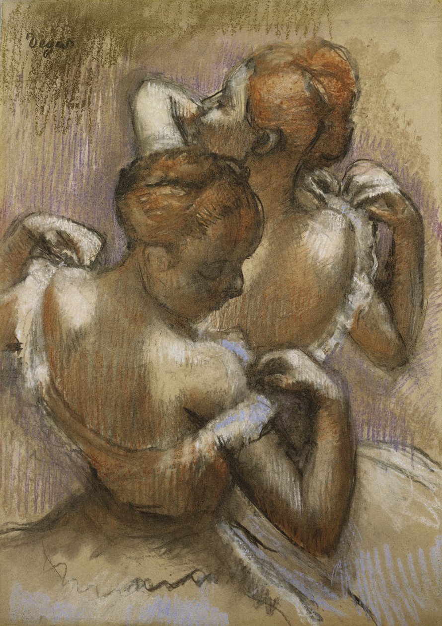 Dva tanečníci upravující ramenní popruhy, kolem roku 1897 od Edgar Degas