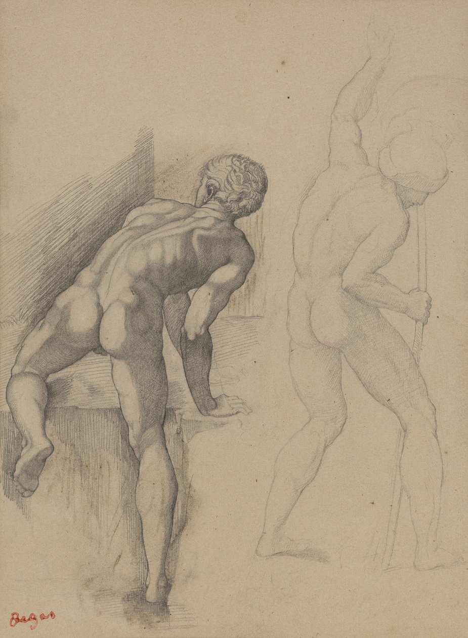 Dva nahí muži, 1856-57 (grafitová tužka na tmavě krémovém papíře) od Edgar Degas
