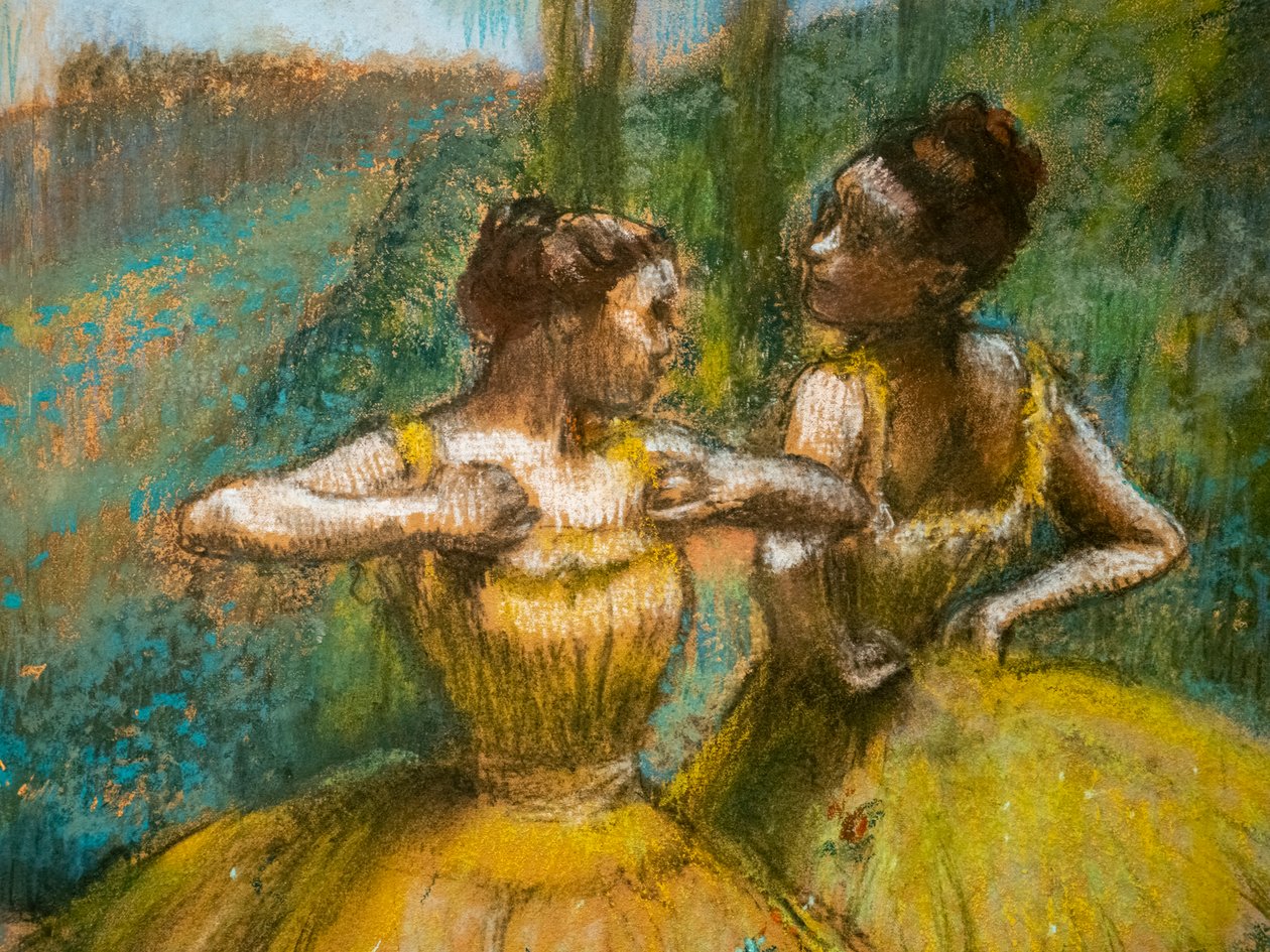 Dva tanečníci ve žlutém (detail). Kolem 1896. Pastel a uhel na dvou proužcích papíru. od Edgar Degas