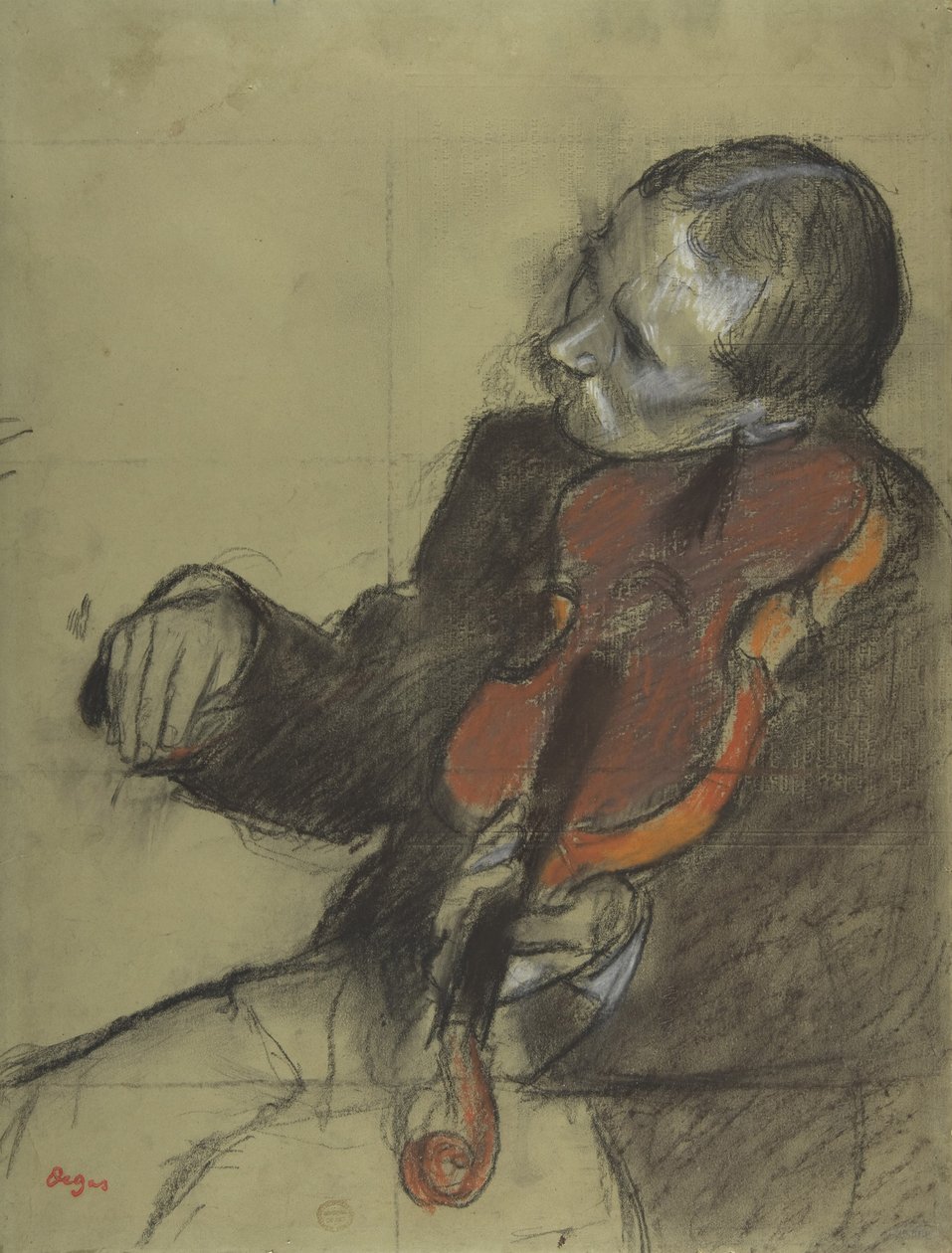 Houslista, studie pro taneční lekci, 1878-79 (pastel a dřevěné uhlí na zeleném tkaném papíře) od Edgar Degas