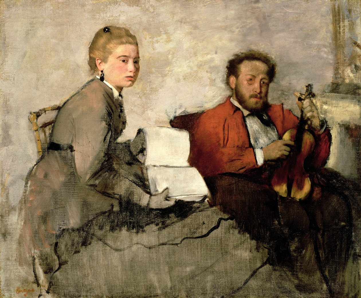 Houslista a mladá žena, kolem roku 1871 (olej a pastelka na plátně) od Edgar Degas
