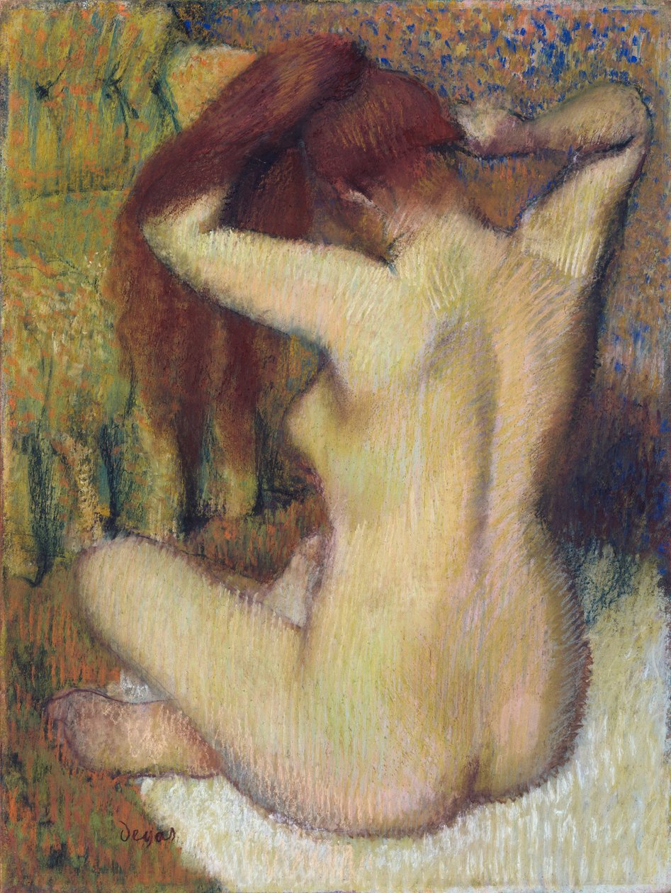 Žena česající si vlasy, kolem 1888-90 (pastel na světle zeleném tkaném papíře připevněném k paspartě) od Edgar Degas