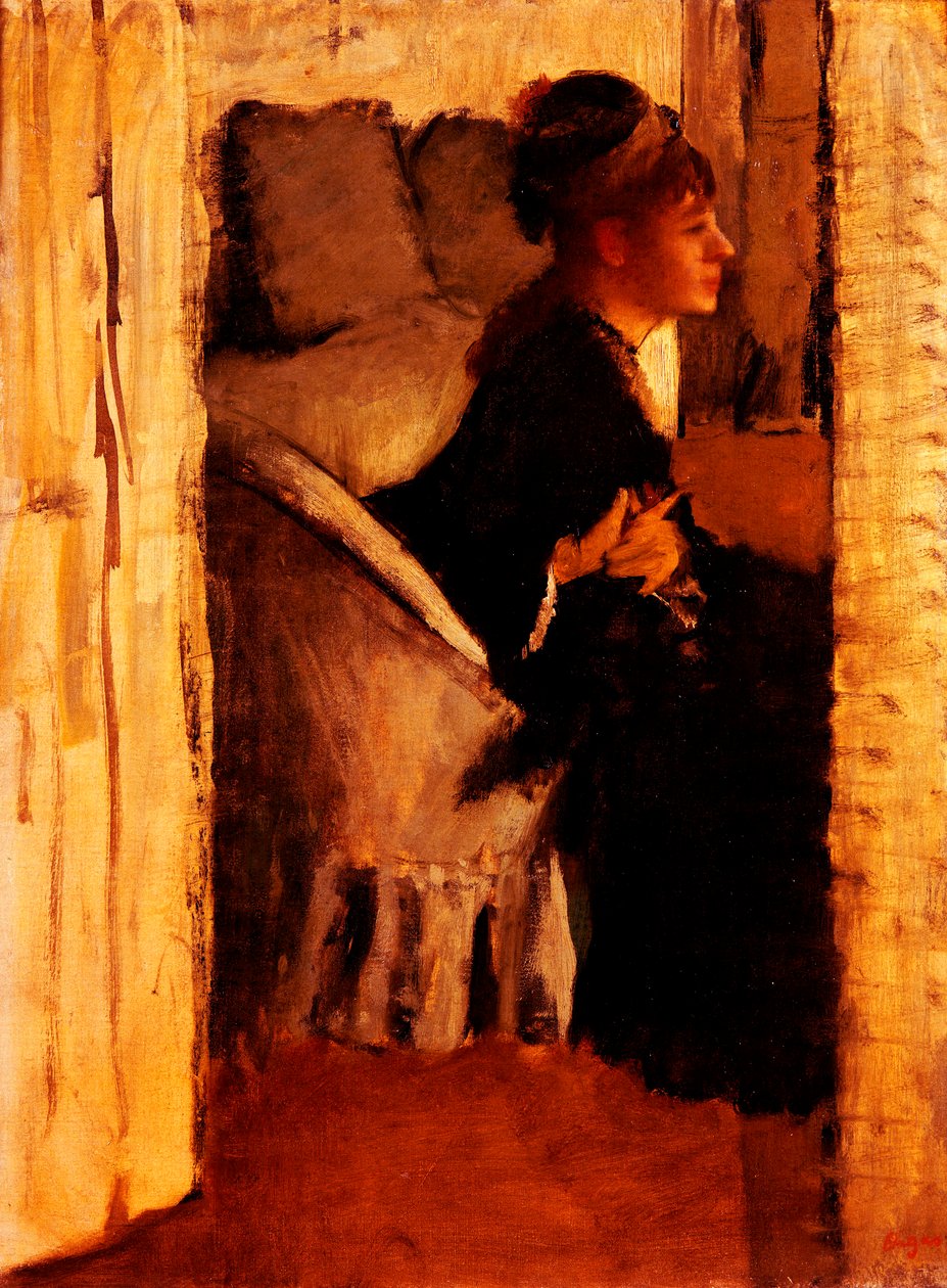 Žena si nasazuje rukavice (olej na plátně) od Edgar Degas