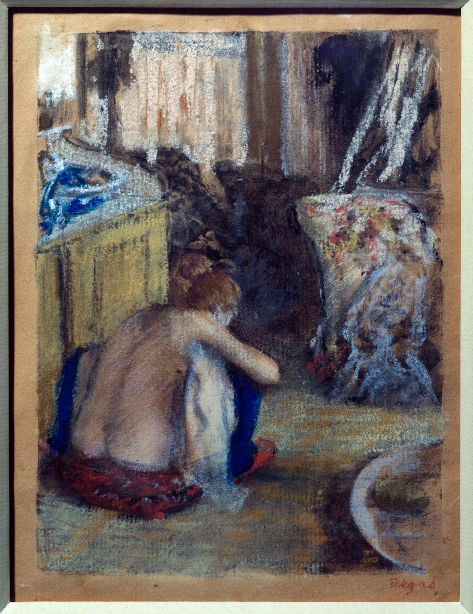 Žena v podřepu Pastel na monotypu od Edgara Degase (1834-1917) 1877 Sun. 0,18x0,14 m Paříž, musee d