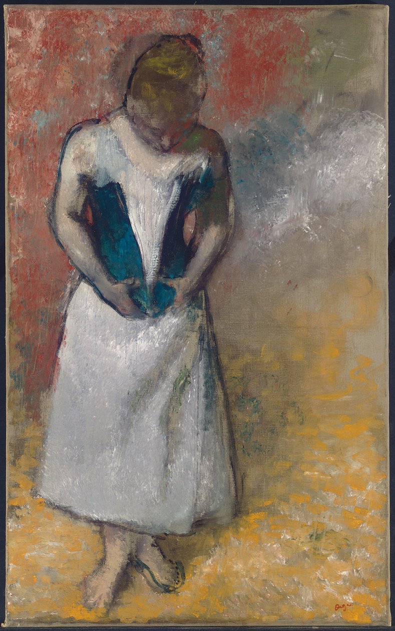 Žena stojící zepředu, svírající si korzet, 1883 od Edgar Degas