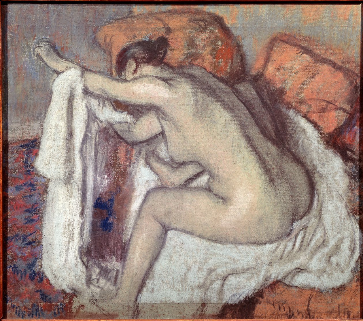 Žena si otírá paži. Obraz Edgara Degase (1834-1917). Pastel. Muzeum umění Sao Paulo, Brazílie od Edgar Degas