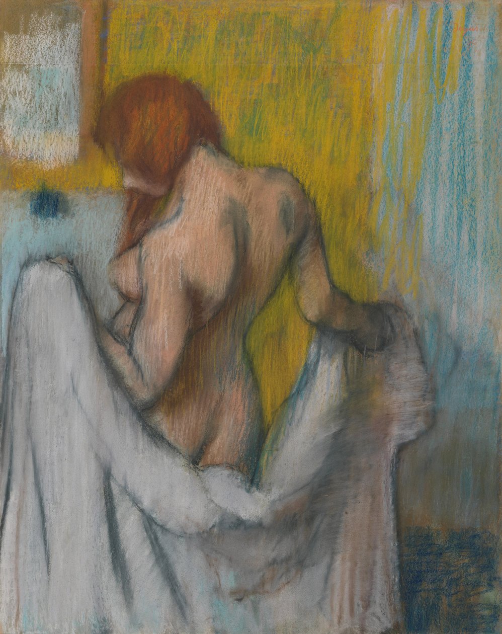Žena s ručníkem, 1894 nebo 1898 (pastel na krémově zbarveném tkaném papíře s červenými a modrými vlákny) od Edgar Degas
